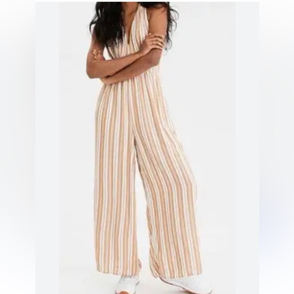 Striped Halter Maxi Overalls - Tan and White